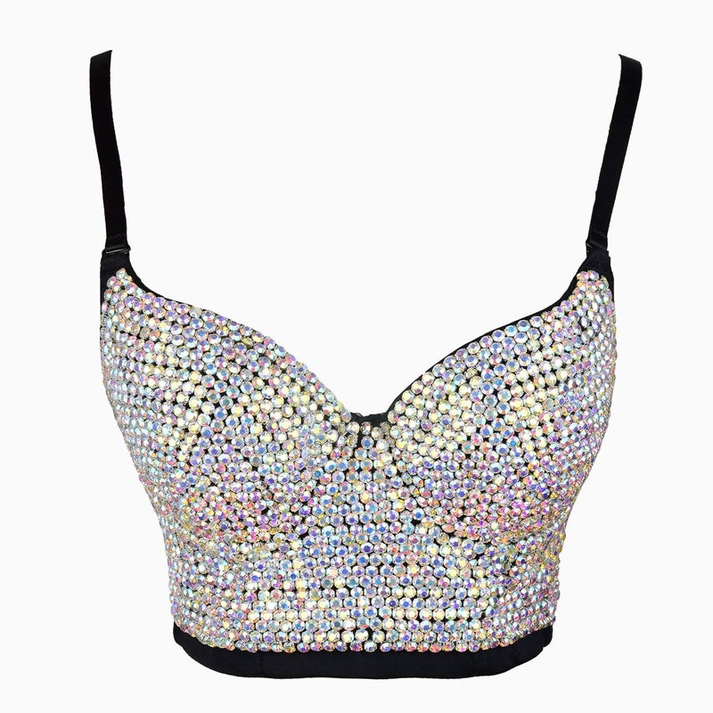 ELLACCI Women's Rhinestone Colored Diamond Luxury Bustier Crop Top Sexy Punk Corset Bra Black Large - Image 2